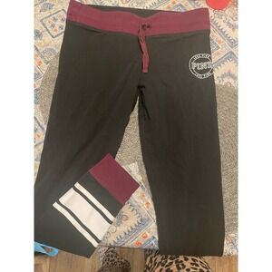 Victoria's Secret PINK Yoga Leggings Black Burgundy Striped Drawstring Womens L